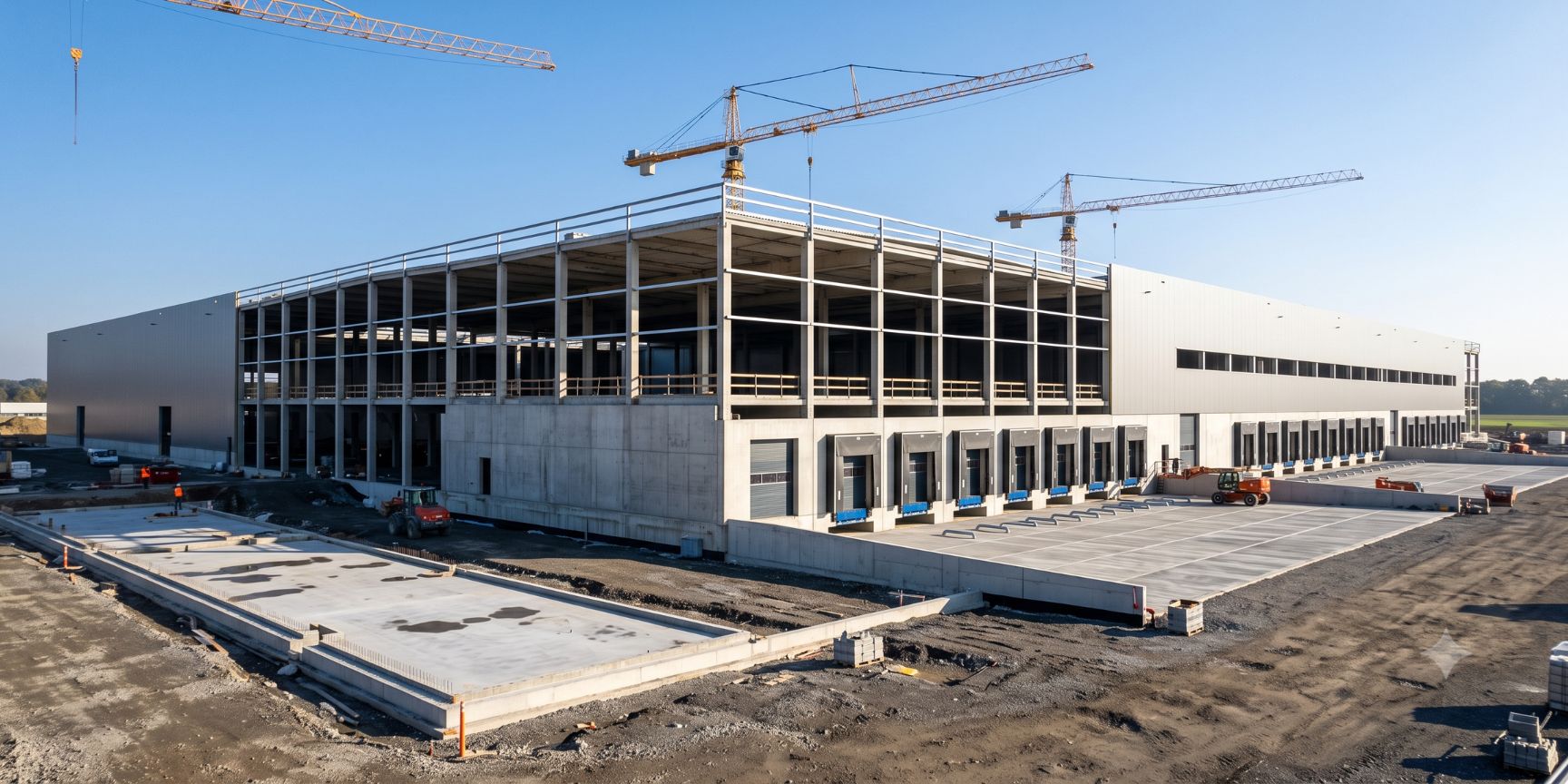Modern logistics center under blue skies with construction cranes. Symbol of CAPEX investments in real estate, hall construction and infrastructure.